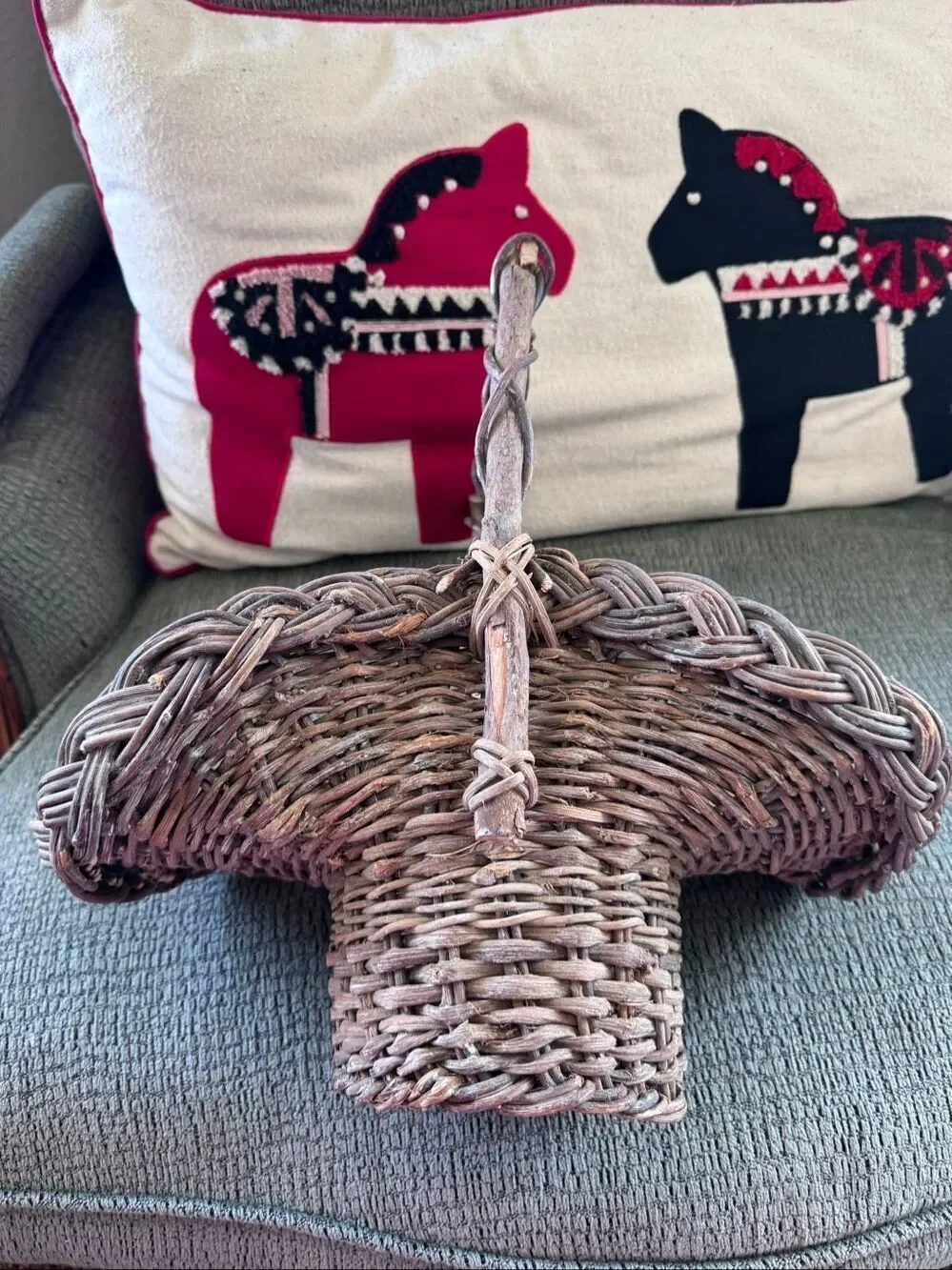 Woven hand basket with handle dark brown small size wooden feel cottage flared 9